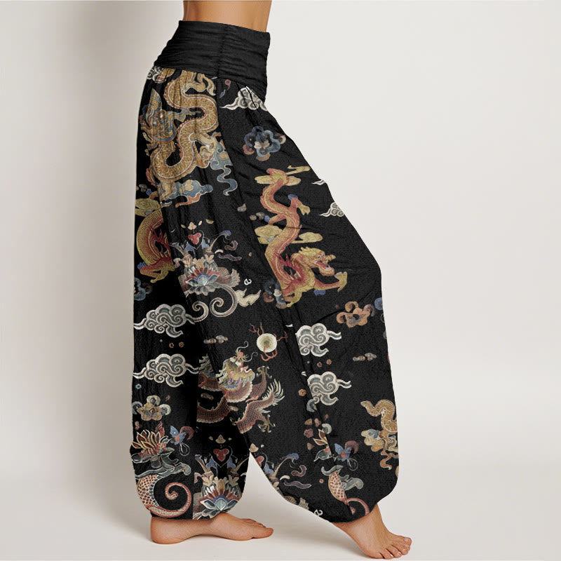 Buddha Stones Pure Cotton Golden Dragons Auspicious Clouds Design Women's Elastic Waist Harem Pants - image 2