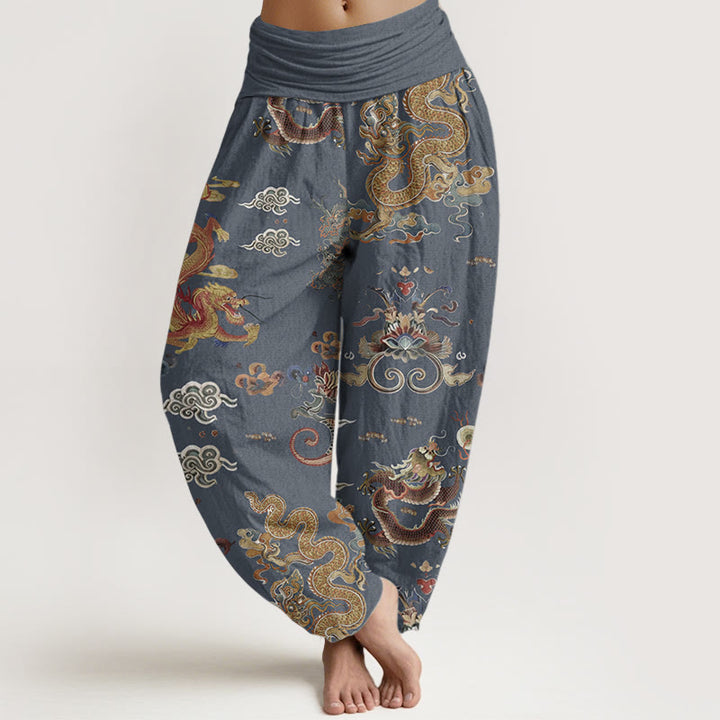 Buddha Stones Pure Cotton Golden Dragons Auspicious Clouds Design Women's Elastic Waist Harem Pants - SteelBlue - US22，UK/AU26，EU54 (6XL) - image 6