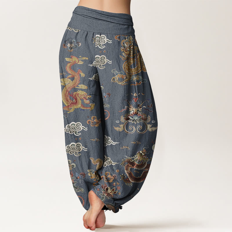 Buddha Stones Pure Cotton Golden Dragons Auspicious Clouds Design Women's Elastic Waist Harem Pants - image 7