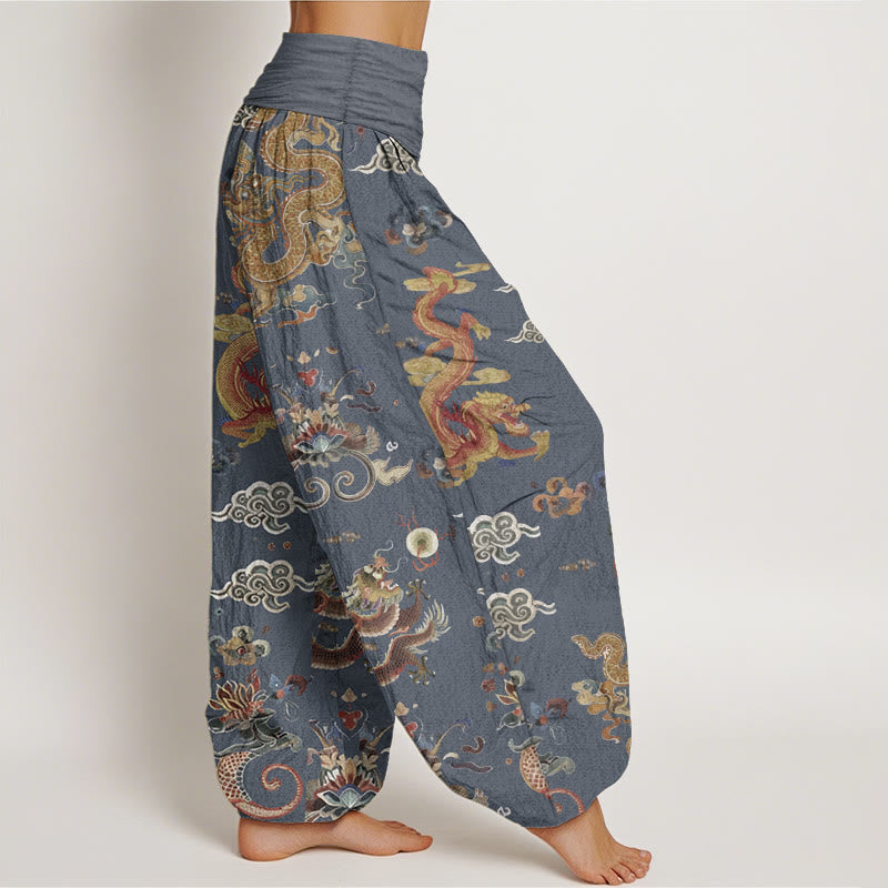 Buddha Stones Pure Cotton Golden Dragons Auspicious Clouds Design Women's Elastic Waist Harem Pants - image 8