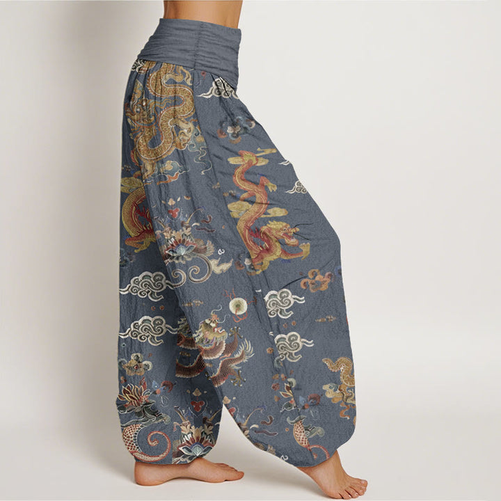 Buddha Stones Pure Cotton Golden Dragons Auspicious Clouds Design Women's Elastic Waist Harem Pants - image 8