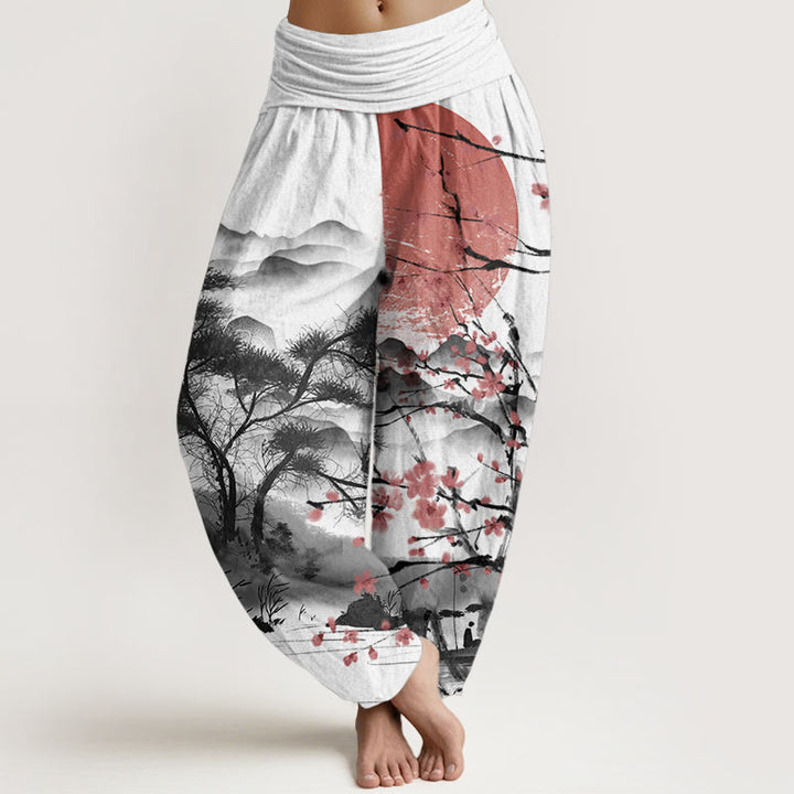 Buddha Stones Pure Cotton Casual Red Plum Blossom Mountains Sun Pattern Women's Elastic Waist Harem Pants - White - US22，UK/AU26，EU54 (6XL) - image 0