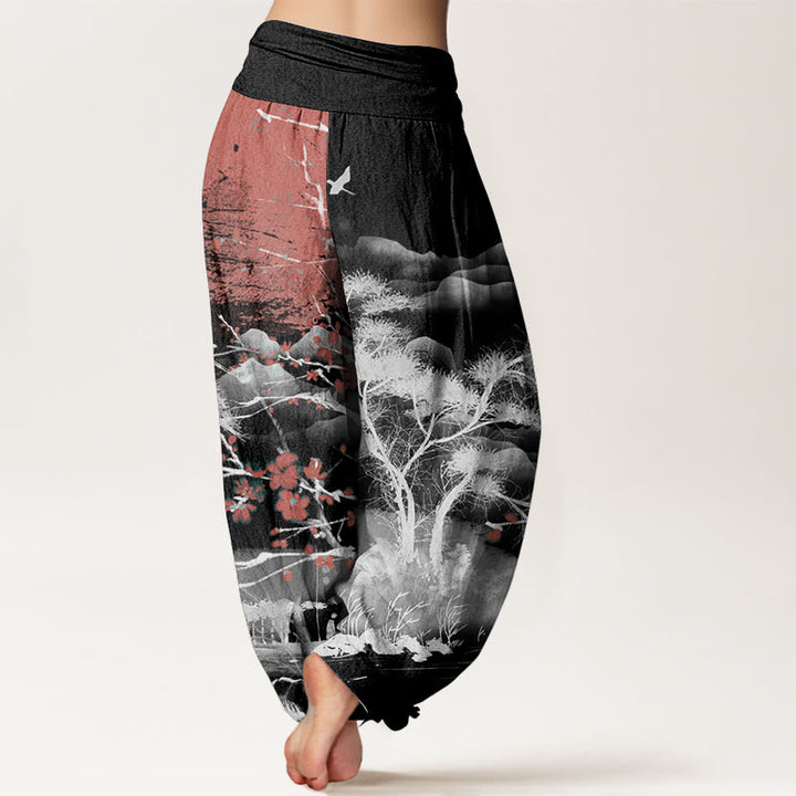 Buddha Stones Pure Cotton Casual Red Plum Blossom Mountains Sun Pattern Women's Elastic Waist Harem Pants - image 7