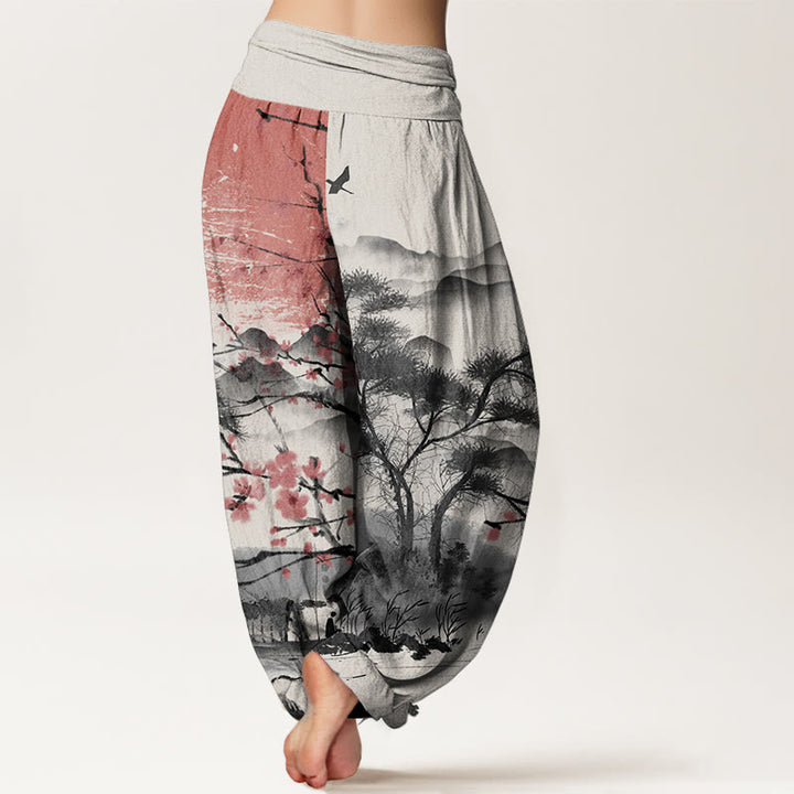 Buddha Stones Pure Cotton Casual Red Plum Blossom Mountains Sun Pattern Women's Elastic Waist Harem Pants - image 10