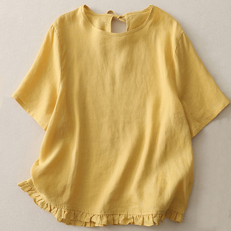 Buddha Stones Casual Plain Ruffled Hem Crew Neck Tie Women's Polyester T-shirt - Gold - US8-10，UK/AU12-14，EU40-42 (2XL) - image 0