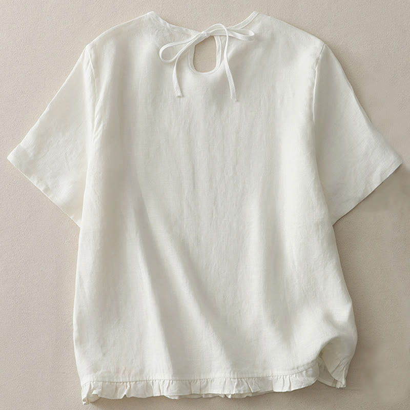 Buddha Stones Casual Plain Ruffled Hem Crew Neck Tie Women's Polyester T-shirt - White - US8-10，UK/AU12-14，EU40-42 (2XL) - image 5