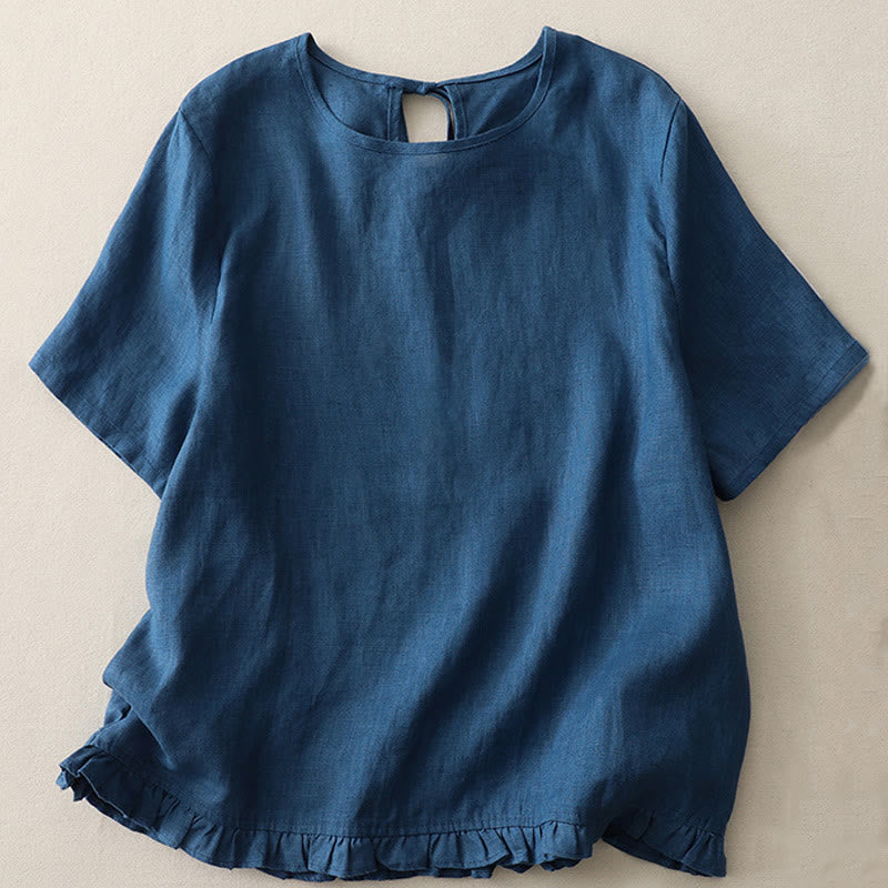 Buddha Stones Casual Plain Ruffled Hem Crew Neck Tie Women's Polyester T-shirt - SteelBlue - US8-10，UK/AU12-14，EU40-42 (2XL) - image 14