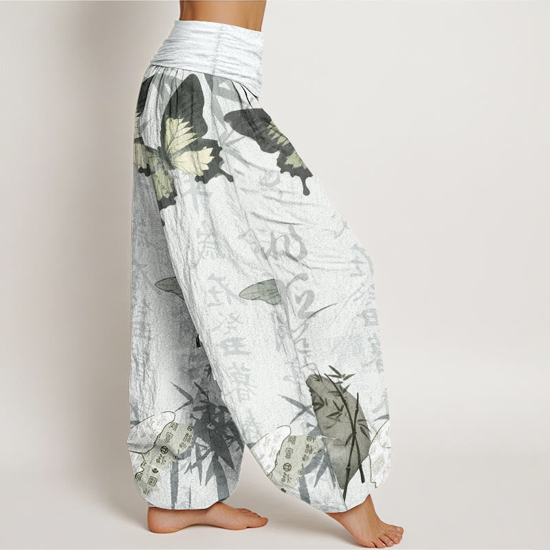 Buddha Stones Pure Cotton Butterfly Bamboo Leaves Chinese Characters Pattern Women's Elastic Waist Harem Pants