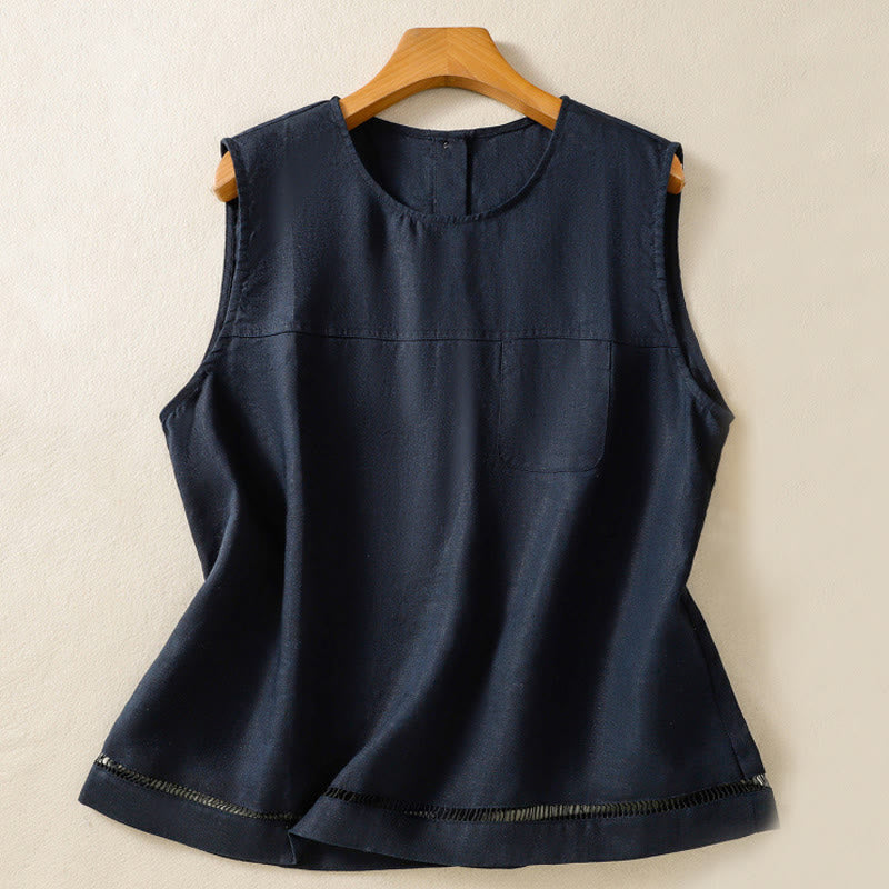 Buddha Stones Simple Crew Neck Button Design Women's Cotton Sleeveless Vest - MidnightBlue - US8-10，UK/AU12-14，EU40-42 (2XL) - image 0