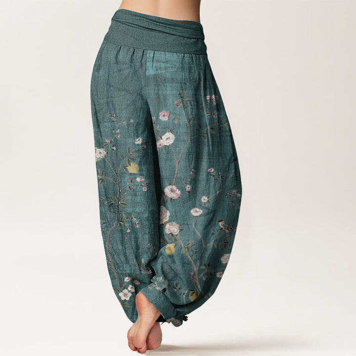 Buddha Stones Pure Cotton Pink White Flowers Bamboo Leaves Fruits Design Women's Elastic Waist Harem Pants - image 1