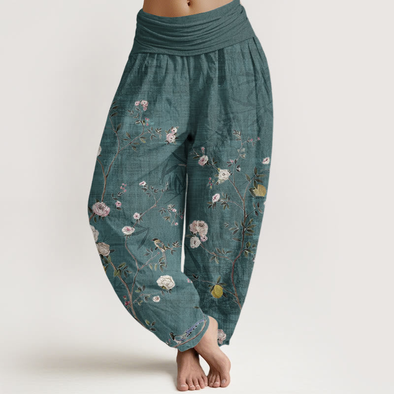 Buddha Stones Pure Cotton Pink White Flowers Bamboo Leaves Fruits Design Women's Elastic Waist Harem Pants - DarkCyan - US22，UK/AU26，EU54 (6XL) - image 0