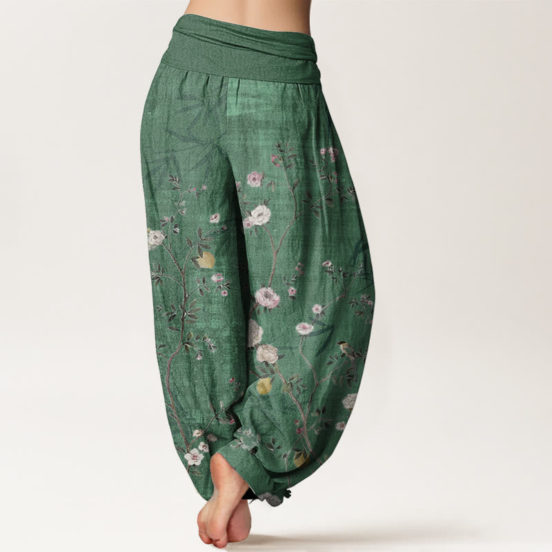 Buddha Stones Pure Cotton Pink White Flowers Bamboo Leaves Fruits Design Women's Elastic Waist Harem Pants - image 7