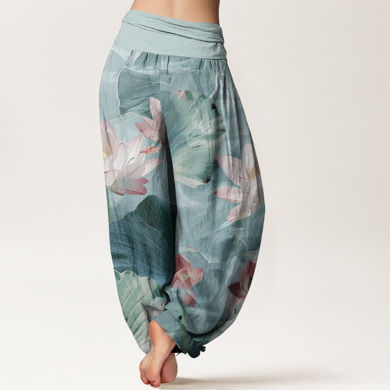Buddha Stones Pure Cotton Casual Lotus Petal Pond Pattern Women's Elastic Waist Harem Pants - image 1