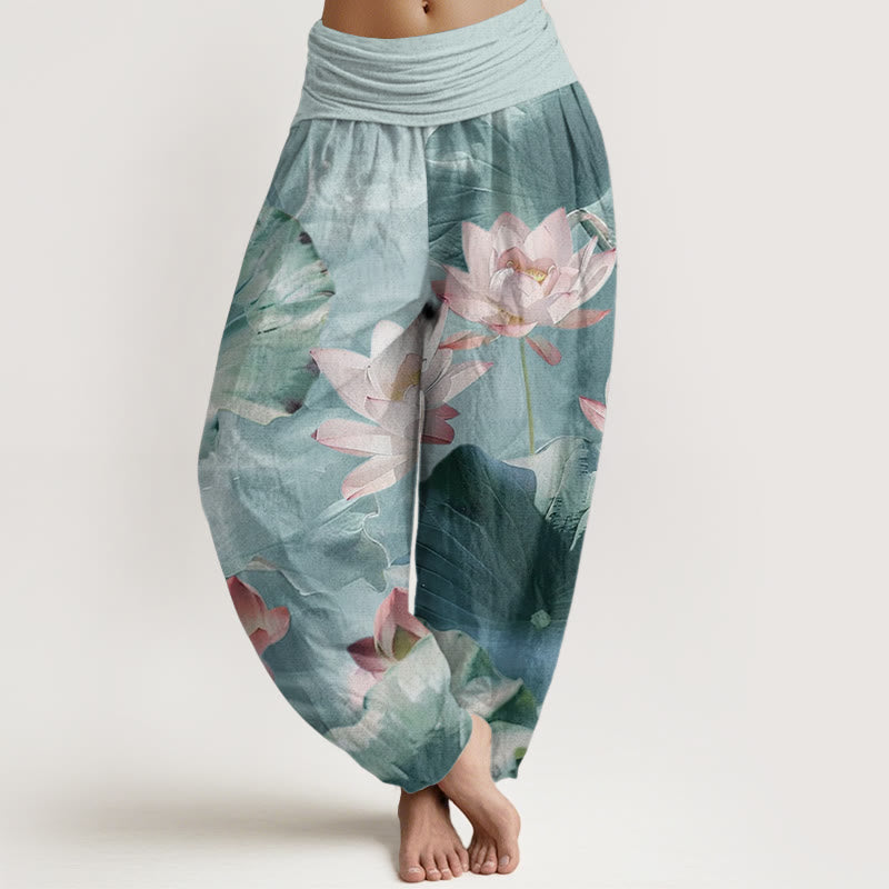 Buddha Stones Pure Cotton Casual Lotus Petal Pond Pattern Women's Elastic Waist Harem Pants - PaleTurquoise - US22，UK/AU26，EU54 (6XL) - image 0