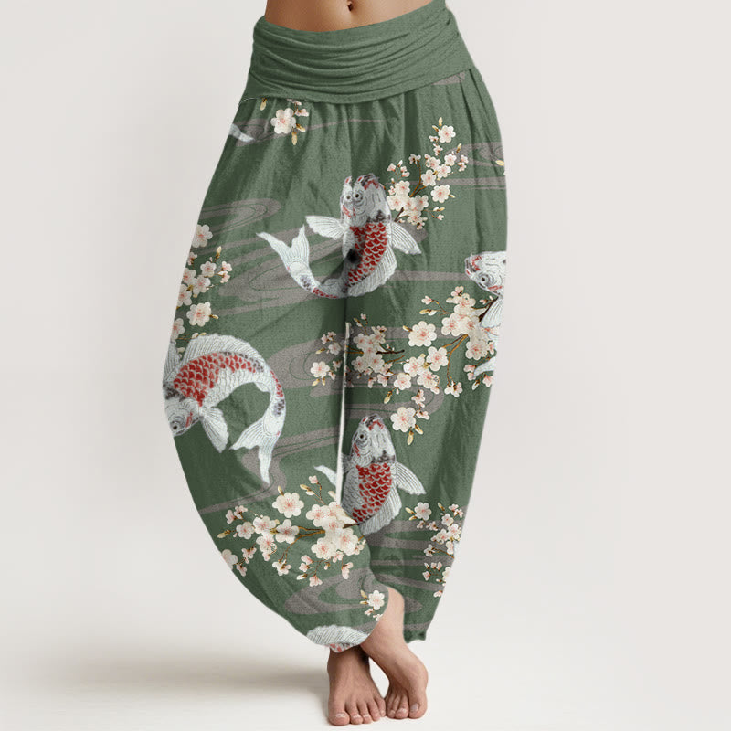 Buddha Stones Cotton Casual Cherry Blossoms Koi Fish Pattern Women's Elastic Waist Harem Pants - DarkSeaGreen - US22，UK/AU26，EU54 (6XL) - image 4