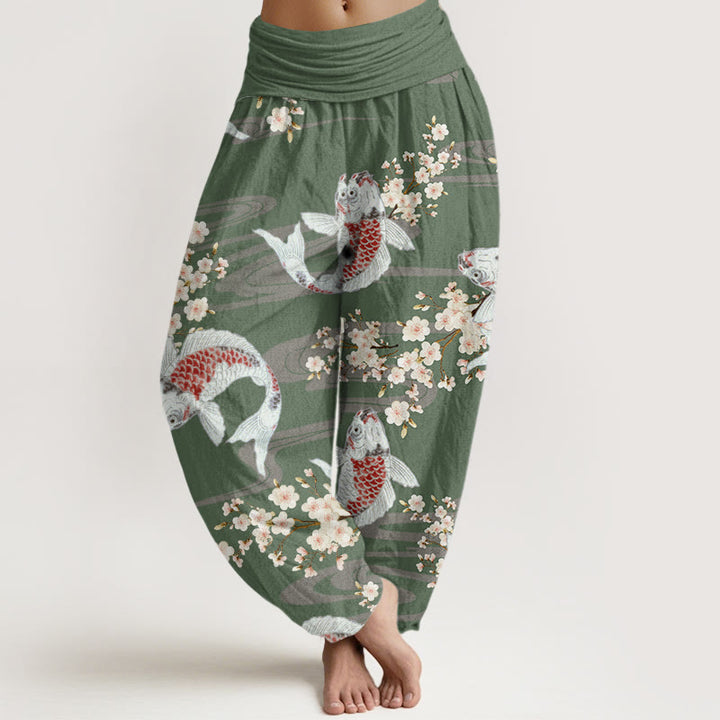 Buddha Stones Cotton Casual Cherry Blossoms Koi Fish Pattern Women's Elastic Waist Harem Pants - DarkSeaGreen - US22，UK/AU26，EU54 (6XL) - image 4