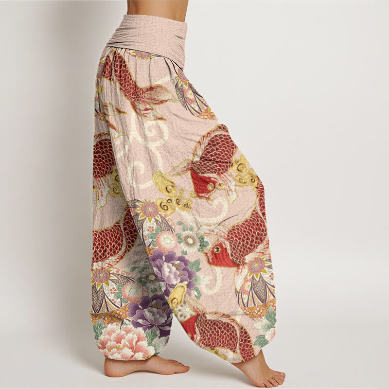 Buddha Stones Cotton Casual Floral Koi Pattern Women's Elastic Waist Harem Pants - image 1