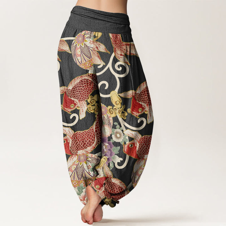 Buddha Stones Cotton Casual Floral Koi Pattern Women's Elastic Waist Harem Pants - image 6