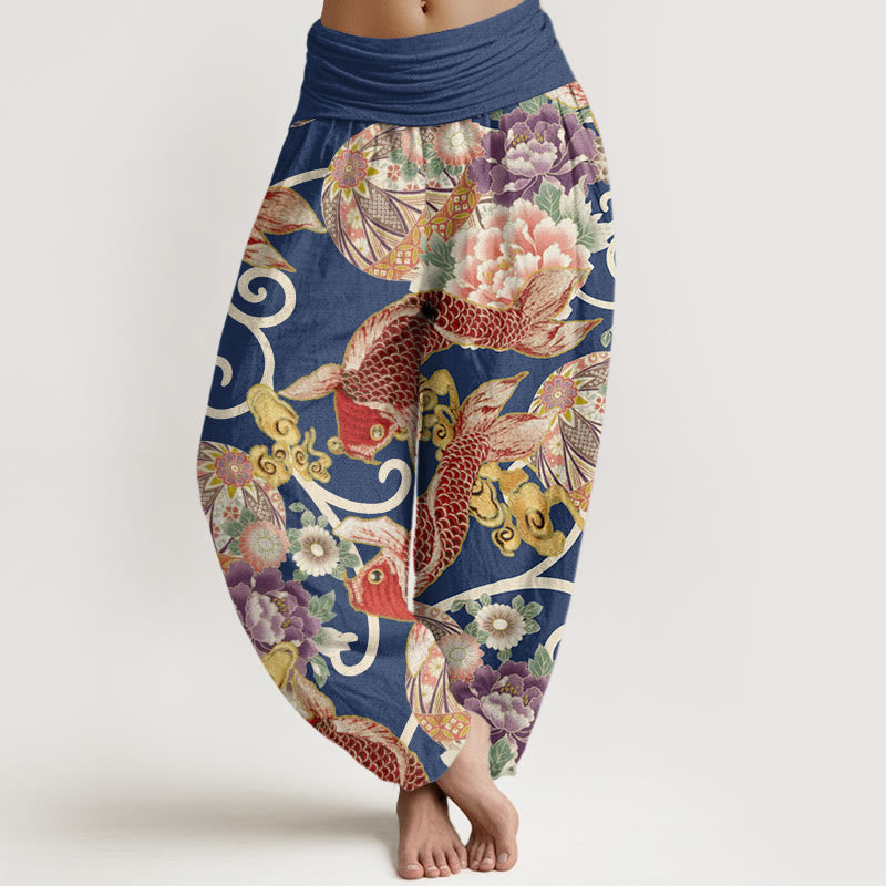 Buddha Stones Cotton Casual Floral Koi Pattern Women's Elastic Waist Harem Pants - SteelBlue - US22，UK/AU26，EU54 (6XL) - image 7