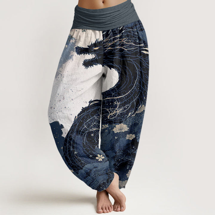 Buddha Stones Pure Cotton Casual Dragon Ancient Tree Pattern Women's Elastic Waist Harem Pants - SteelBlue - US22，UK/AU26，EU54 (6XL) - image 9