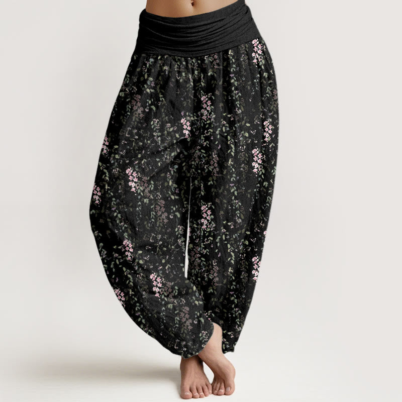 Buddha Stones Cotton Casual Tiny Flowers Pattern Women's Elastic Waist Harem Pants - Black - US22，UK/AU26，EU54 (6XL) - image 7