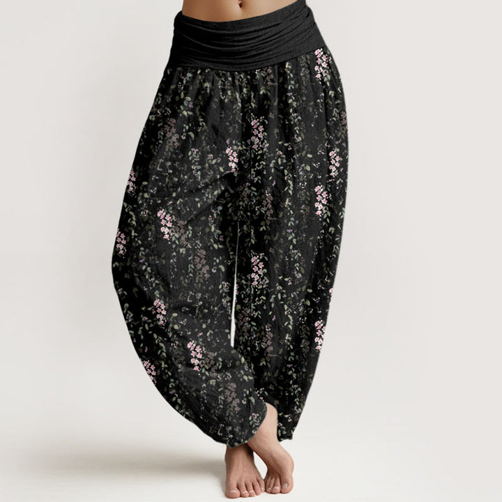 Buddha Stones Cotton Casual Tiny Flowers Pattern Women's Elastic Waist Harem Pants - Black - US22，UK/AU26，EU54 (6XL) - image 7