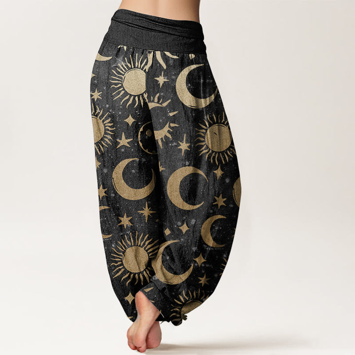 Buddha Stones Pure Cotton Crescent Moon Sun Stars Pattern Design Women's Elastic Waist Harem Pants - image 1