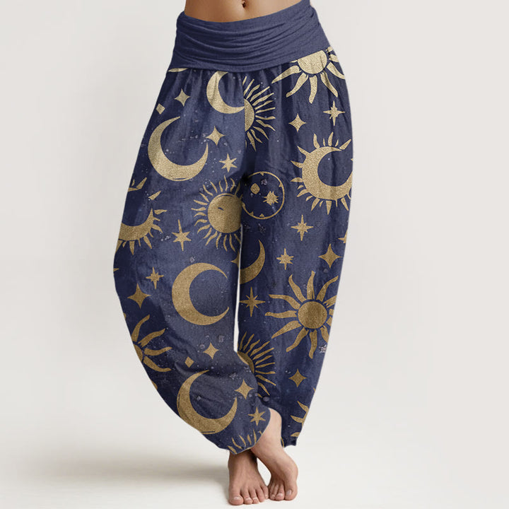 Buddha Stones Pure Cotton Crescent Moon Sun Stars Pattern Design Women's Elastic Waist Harem Pants - SlateBlue - US22，UK/AU26，EU54 (6XL) - image 6