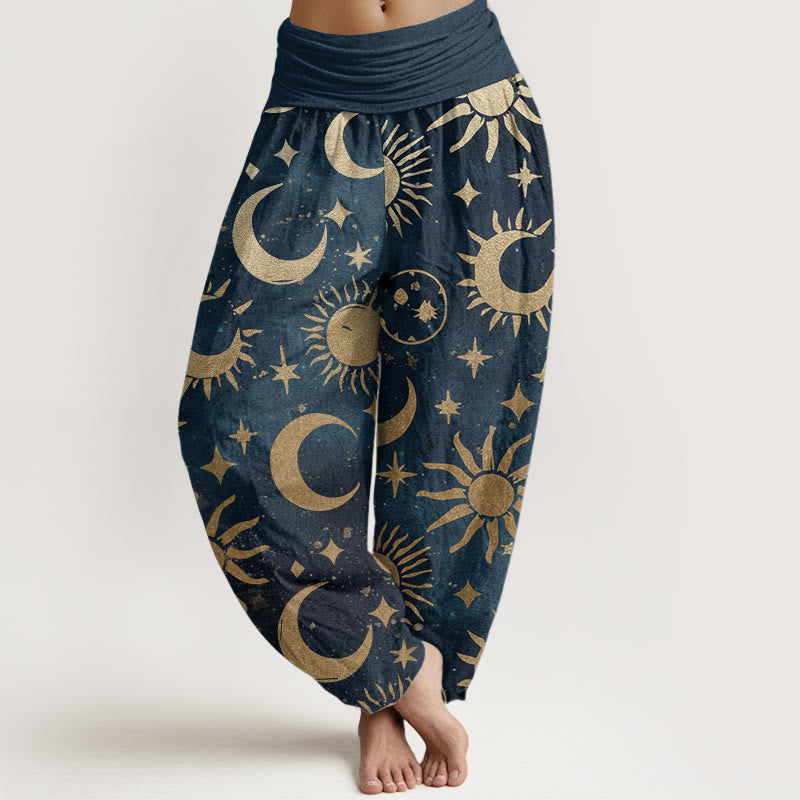 Buddha Stones Pure Cotton Crescent Moon Sun Stars Pattern Design Women's Elastic Waist Harem Pants - SteelBlue - US22，UK/AU26，EU54 (6XL) - image 9