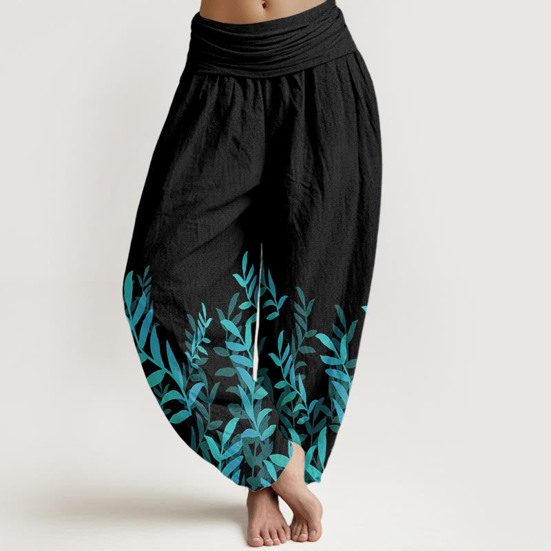 Buddha Stones Pure Cotton Casual Leaves Pattern Women's Elastic Waist Harem Pants - Black - US22，UK/AU26，EU54 (6XL) - image 0