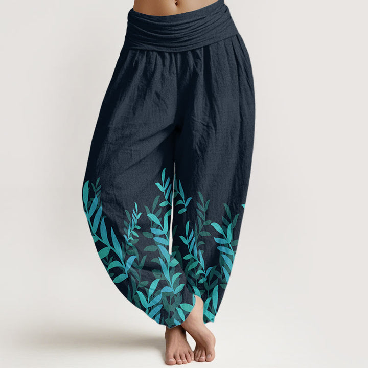 Buddha Stones Pure Cotton Casual Leaves Pattern Women's Elastic Waist Harem Pants - DarkSlateGray - US22，UK/AU26，EU54 (6XL) - image 9