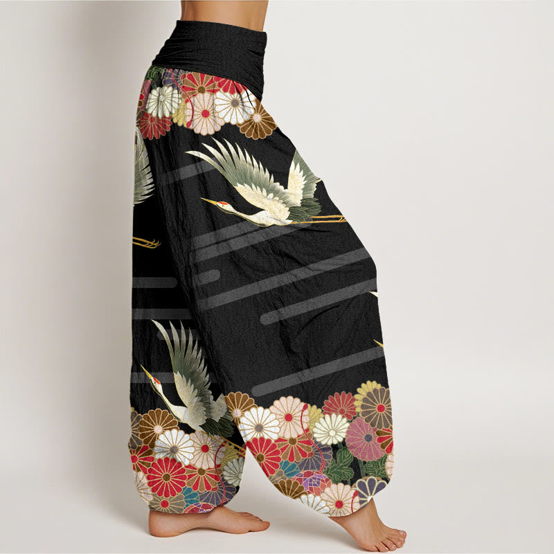 Buddha Stones Cotton Casual Crane Chrysanthemum Pattern Women's Elastic Waist Harem Pants - image 1