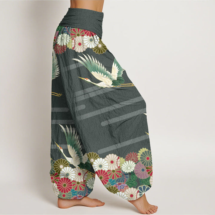 Buddha Stones Cotton Casual Crane Chrysanthemum Pattern Women's Elastic Waist Harem Pants - image 5