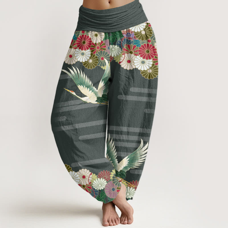 Buddha Stones Cotton Casual Crane Chrysanthemum Pattern Women's Elastic Waist Harem Pants - SeaGreen - US22，UK/AU26，EU54 (6XL) - image 4