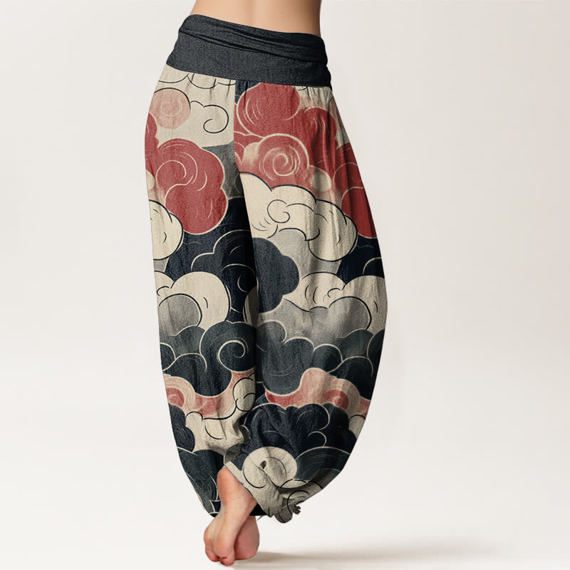 Buddha Stones Pure Cotton Casual Auspicious Clouds Pattern Women's Elastic Waist Harem Pants - image 1