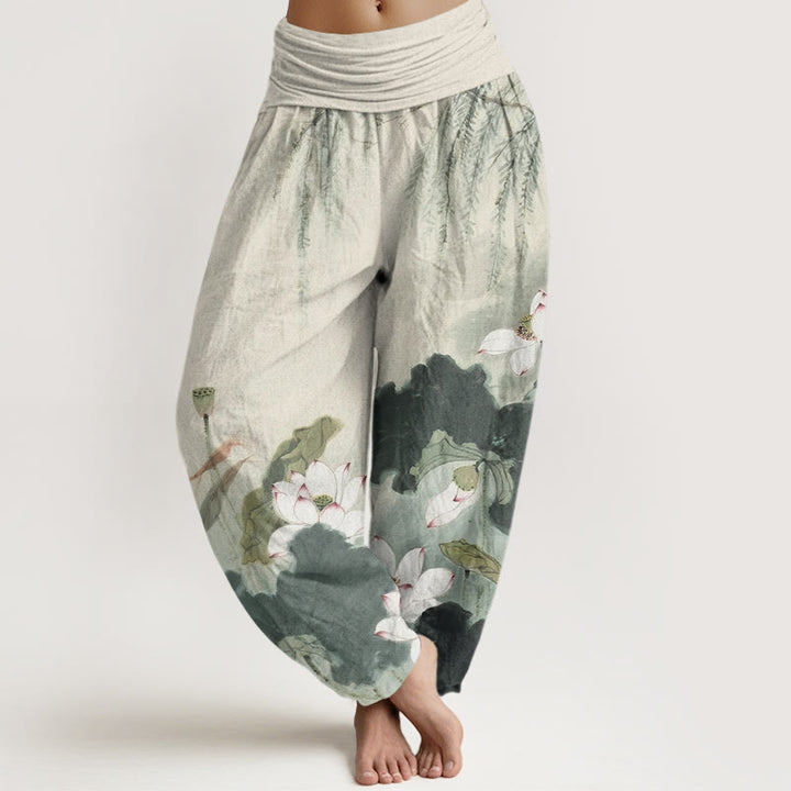 Buddha Stones Cotton Casual Ink Lotus Flower Pattern Women's Elastic Waist Harem Pants - DarkSeaGreen - US22，UK/AU26，EU54 (6XL) - image 0