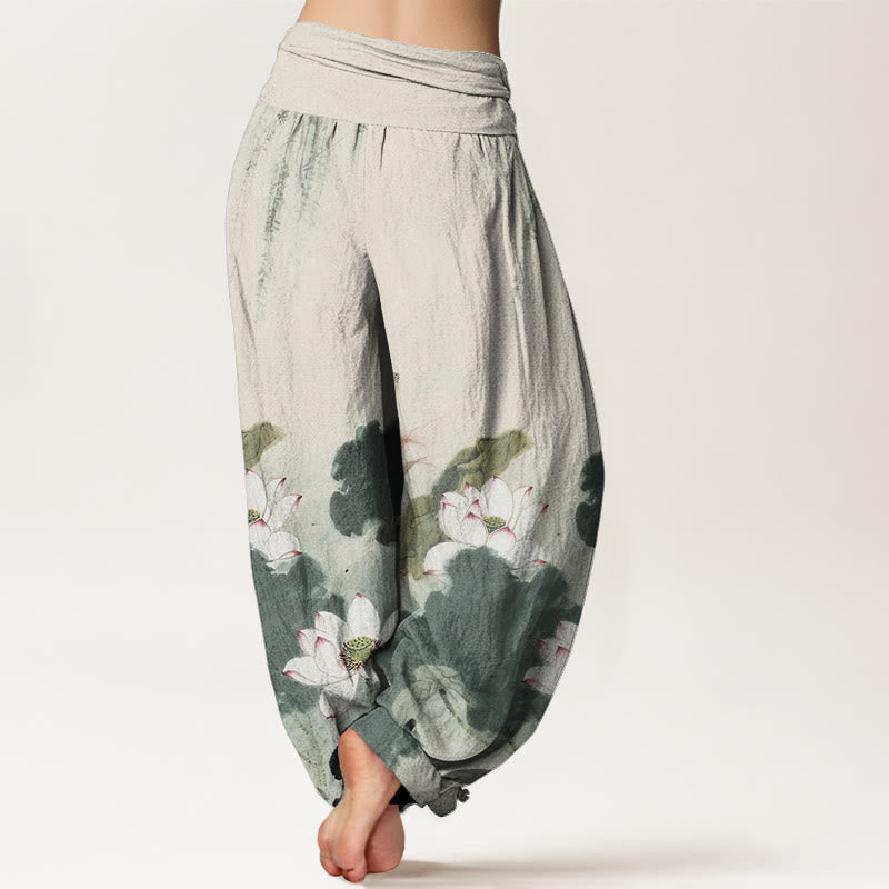 Buddha Stones Cotton Casual Ink Lotus Flower Pattern Women's Elastic Waist Harem Pants - image 2