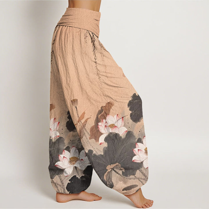 Buddha Stones Cotton Casual Ink Lotus Flower Pattern Women's Elastic Waist Harem Pants - image 5