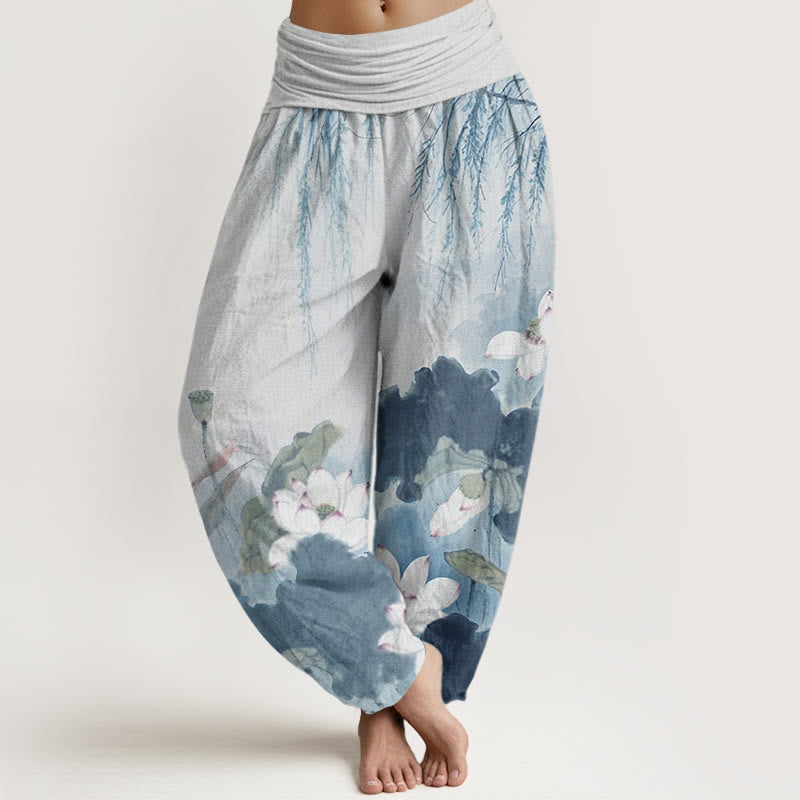 Buddha Stones Casual Ink Lotus Flower Pattern Women's Elastic Waist Harem Pants - SkyBlue - US22，UK/AU26，EU54 (6XL) - image 8