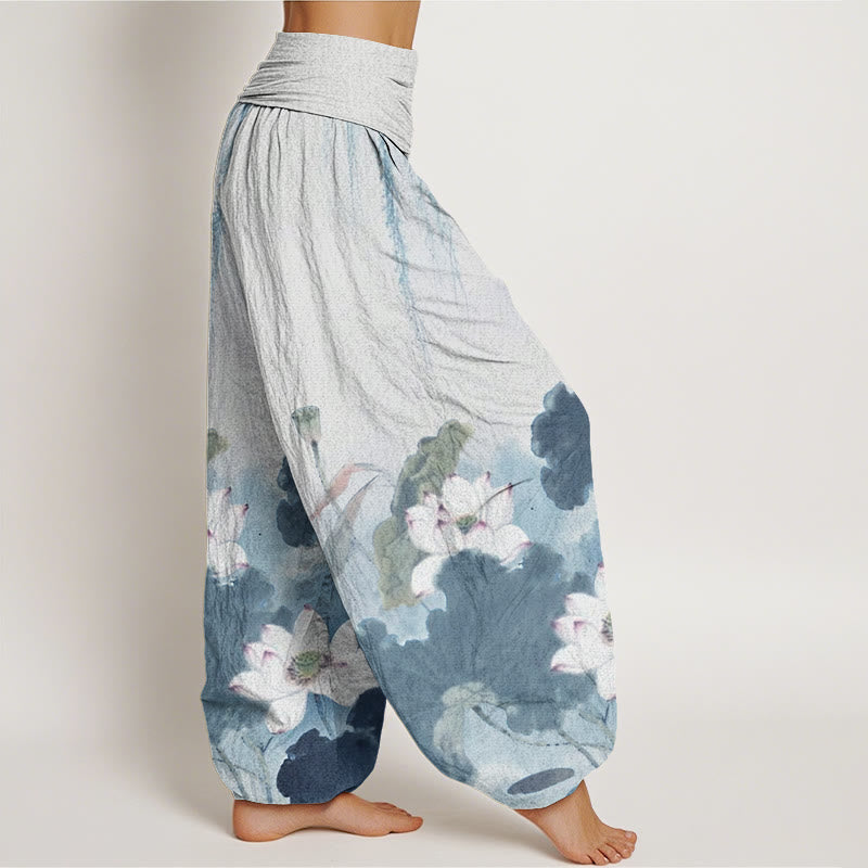 Buddha Stones Cotton Casual Ink Lotus Flower Pattern Women's Elastic Waist Harem Pants - image 8