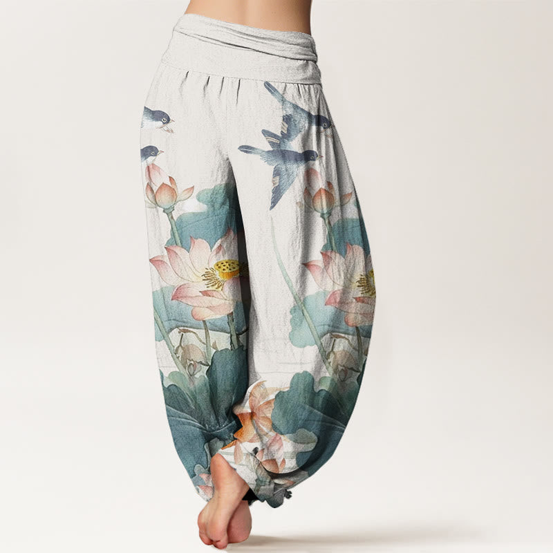 Buddha Stones Cotton Casual Summer Lotus Pond Pattern Women's Elastic Waist Harem Pants - image 2