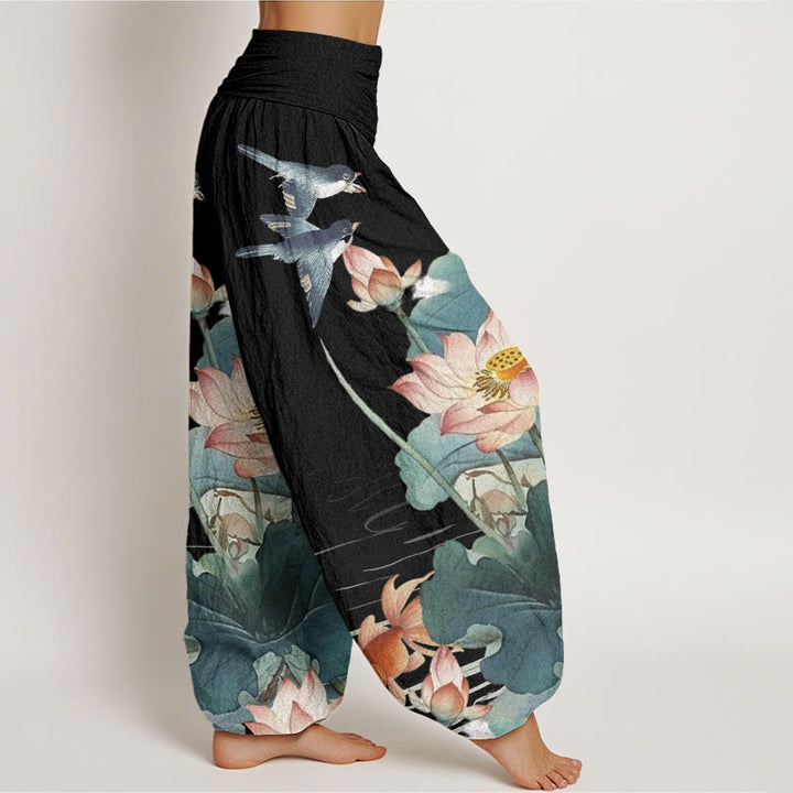 Buddha Stones Cotton Casual Summer Lotus Pond Pattern Women's Elastic Waist Harem Pants - image 5