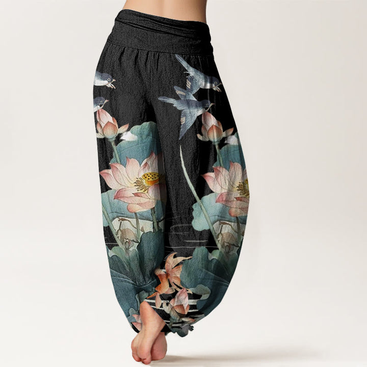 Buddha Stones Cotton Casual Summer Lotus Pond Pattern Women's Elastic Waist Harem Pants - image 6