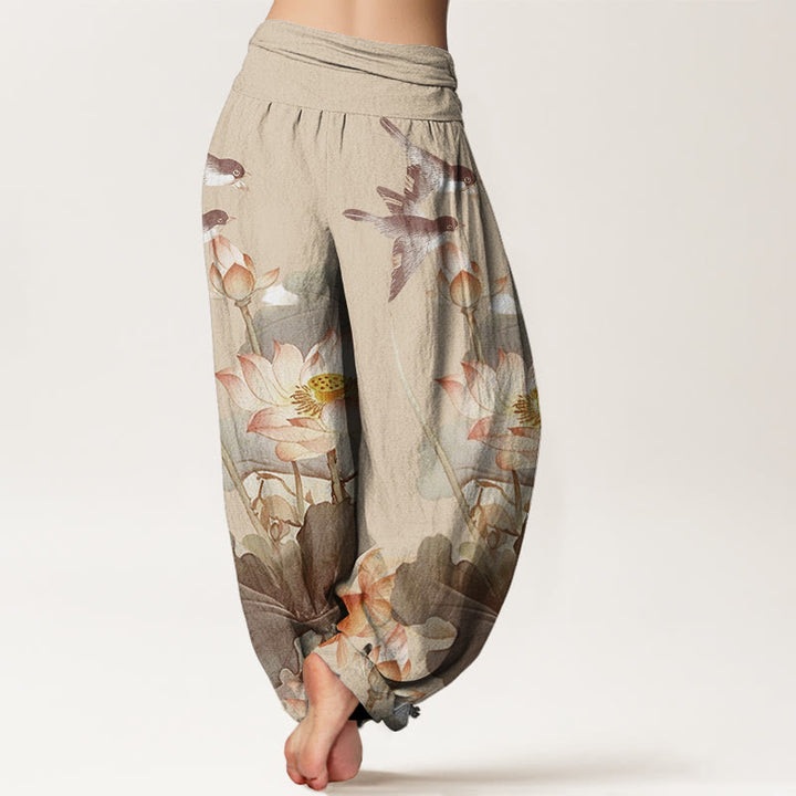 Buddha Stones Cotton Casual Summer Lotus Pond Pattern Women's Elastic Waist Harem Pants - image 9