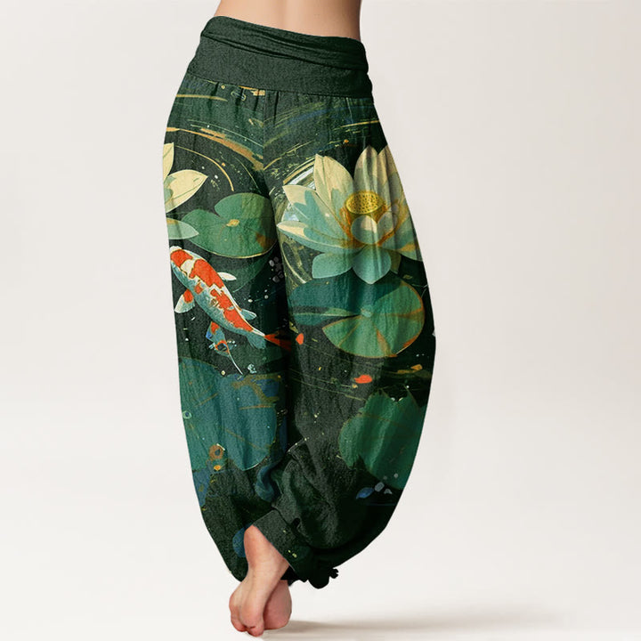 Buddha Stones Cotton Casual Summer Lotus Pond Koi Fish Pattern Women's Elastic Waist Harem Pants - image 6