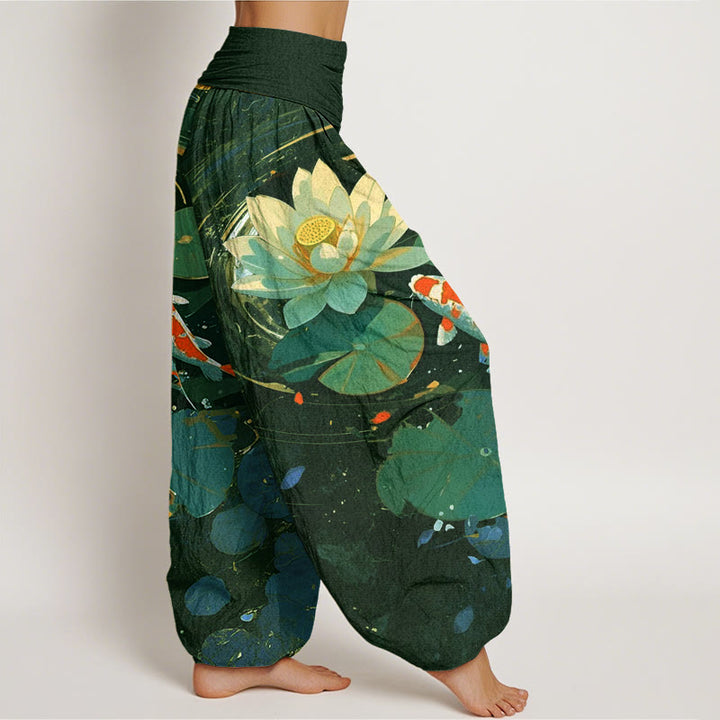 Buddha Stones Cotton Casual Summer Lotus Pond Koi Fish Pattern Women's Elastic Waist Harem Pants - image 5