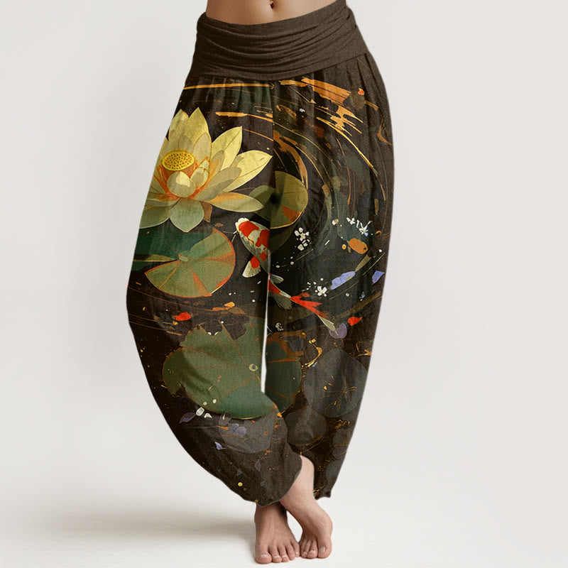 Buddha Stones Cotton Casual Summer Lotus Pond Koi Fish Pattern Women's Elastic Waist Harem Pants - SaddleBrown - US22，UK/AU26，EU54 (6XL) - image 7