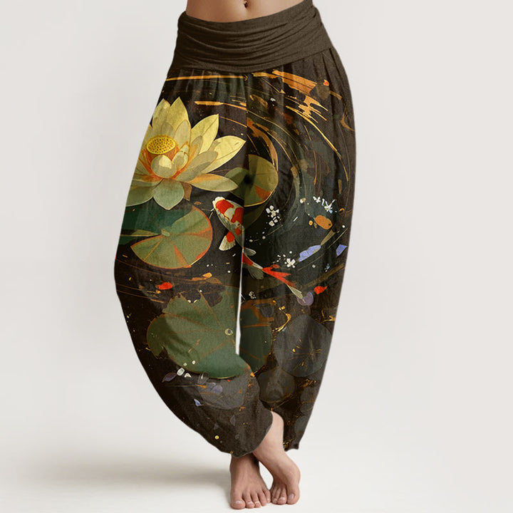 Buddha Stones Cotton Casual Summer Lotus Pond Koi Fish Pattern Women's Elastic Waist Harem Pants - SaddleBrown - US22，UK/AU26，EU54 (6XL) - image 7