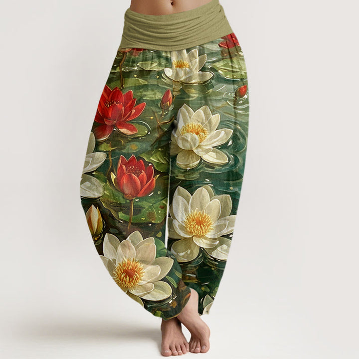 Buddha Stones Cotton Casual Blooming Red Lotus Flower Pattern Women's Elastic Waist Harem Pants - Olive - US22，UK/AU26，EU54 (6XL) - image 7