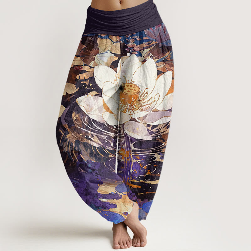 Buddha Stones Cotton Casual Charming Lotus Flower Pattern Women's Elastic Waist Harem Pants - Indigo - US22，UK/AU26，EU54 (6XL) - image 7